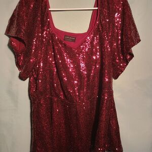 Lane Bryant Red Sequin V-Neck Short Sleeve Top